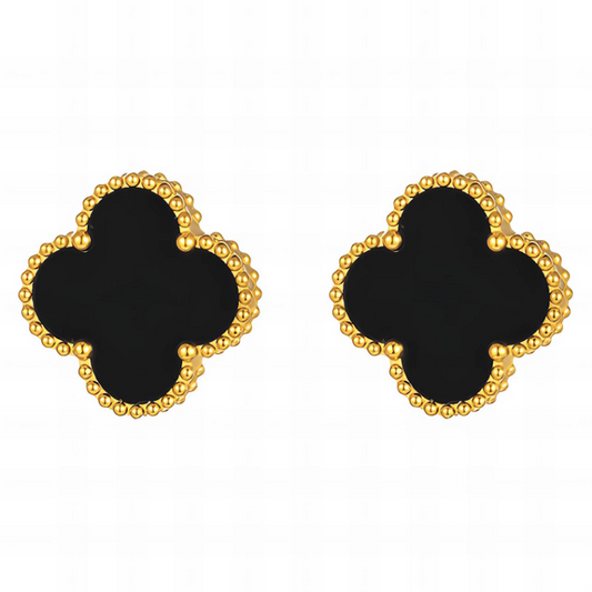 Black four leaf clover studs